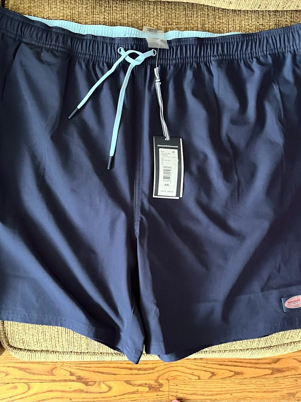 Vineyard Vines Navy Swim Chappy Trunks with Light Blue Drawstring